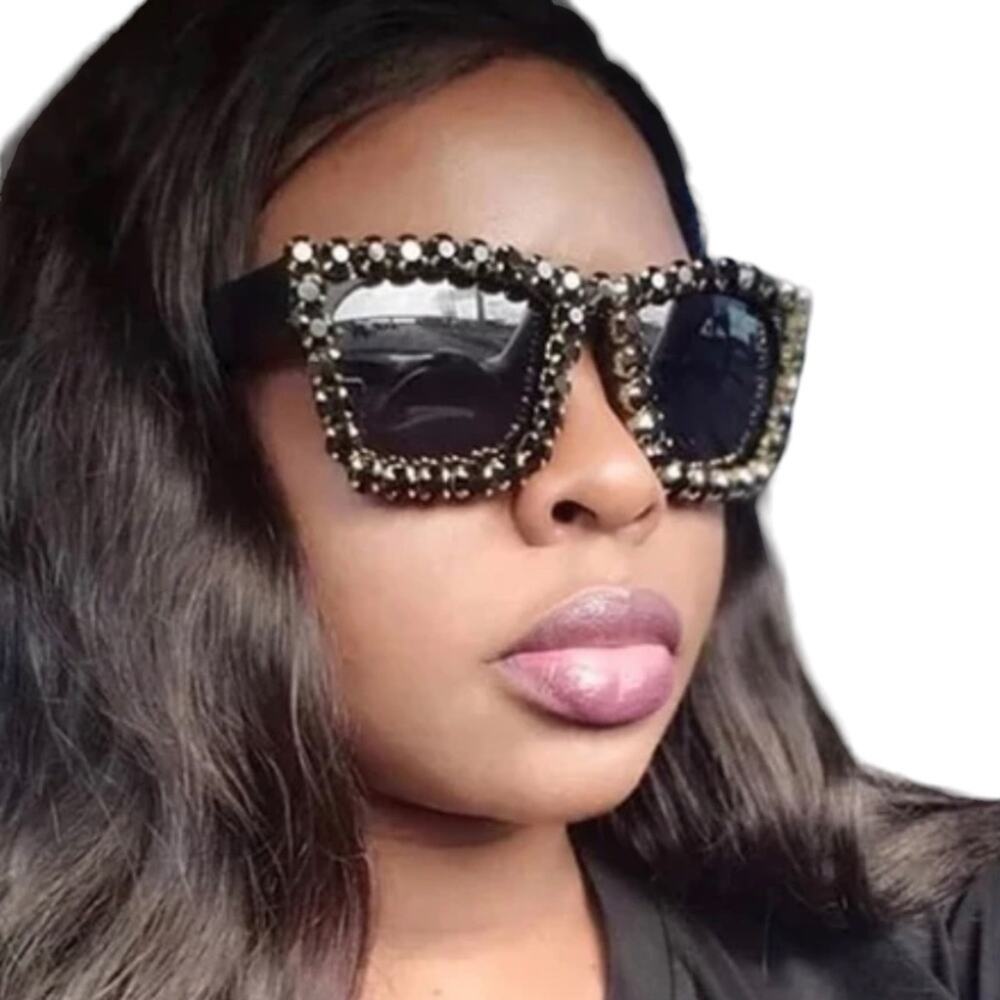 SUNGLASSES SUN GLASSES SHADES Black Rhinestone Bling Plastic Frame Gold Beach